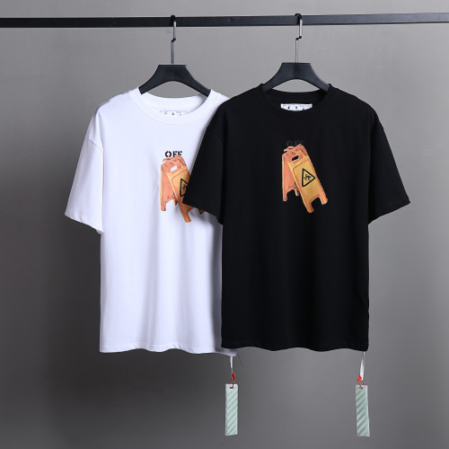 Off White Cartoon Printed Short Sleeve Unisex Casual Solid T-shirt