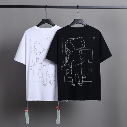 Off White Cartoon Printed Short Sleeve Unisex Casual Solid Cotton T-shirt