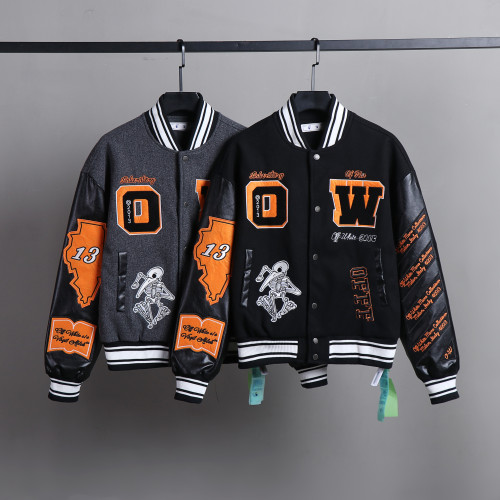 Off White Classic Skull Embroidered Leather jacket Men Woolen Baseball jacket