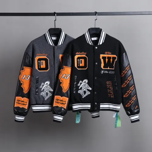Off White Classic Skull Embroidered Leather jacket Men Woolen Baseball jacket