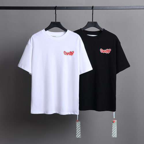 Off White Colorful Cartoon Printed Short Sleeve Unisex Casual Cotton T-shirt