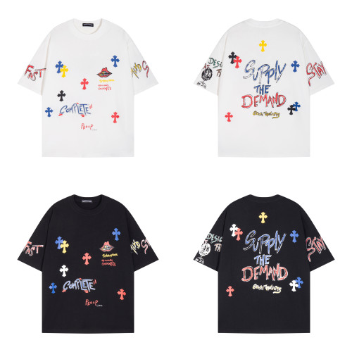 Chrome Hearts High Street Graffiti Cross Letter Print Short Sleeve Unisex Casual T-shirt