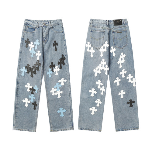 Chrome Hearts Colored Cross Straight Distressed Heavy Washed Denim Trousers