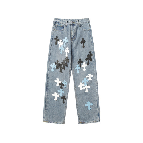 Chrome Hearts Colored Cross Straight Distressed Heavy Washed Denim Trousers
