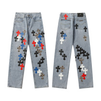 Chrome Hearts Fashion Washed Distressed Jeans Unisex Wide-leg Pants