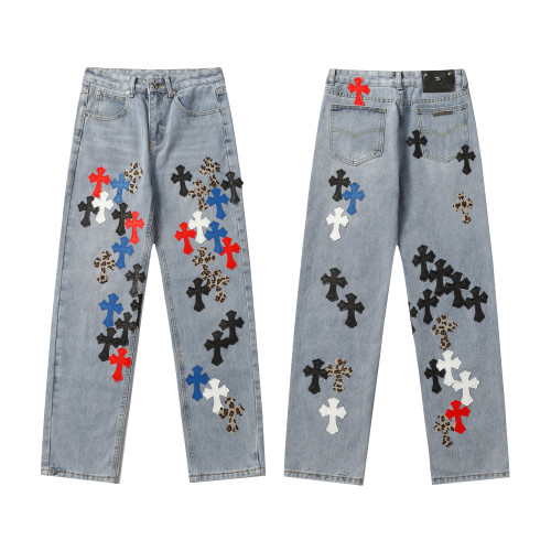 Chrome Hearts Fashion Washed Distressed Jeans Unisex Wide-leg Pants