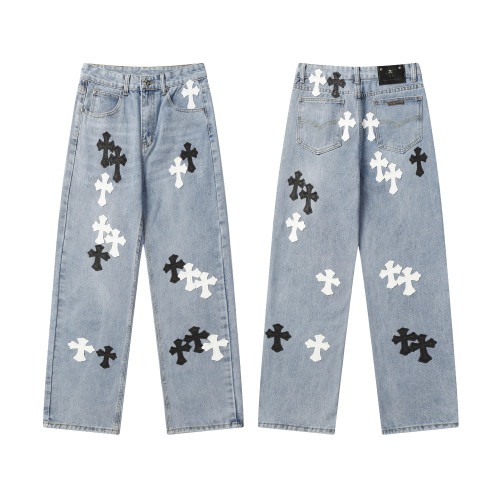 Chrome Hearts Black White Cross Straight Leg Jeans Distressed Washed Denim Pants