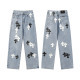 Chrome Hearts Black White Cross Straight Leg Jeans Distressed Washed Denim Pants