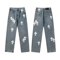 Chrome Hearts Unisex Fashion Pants Washed Distressed White Leather Cross jeans