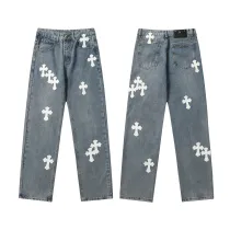 Chrome Hearts Unisex Fashion Pants Washed Distressed White Leather Cross jeans