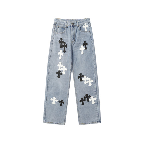 Chrome Hearts Black White Cross Straight Leg Jeans Distressed Washed Denim Pants