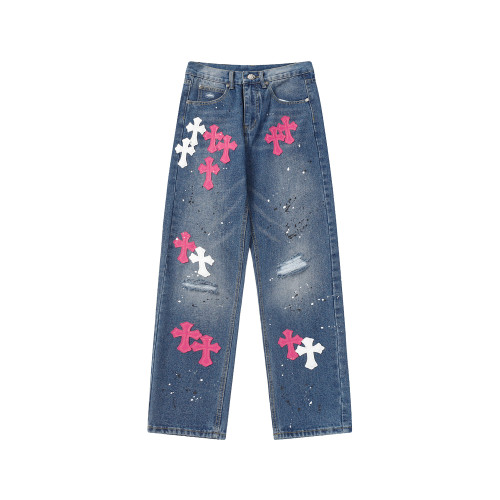 Chrome Hearts Pink White Pasted Hand-painted Jeans Blue Washed Pants
