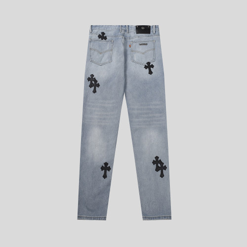 Chrome Hearts Washed Distressed Cross Leather Logo jeans Unisex Casual Street Pants