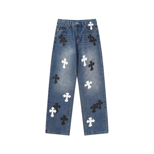 Chrome Hearts Black White Cross Logo Jeans Casual Street Pants