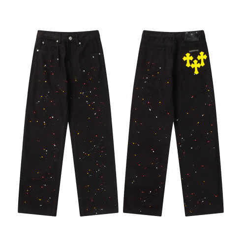 Chrome Hearts Hand-painted Distressed Cross Leather jeans Fashion Casual Pants