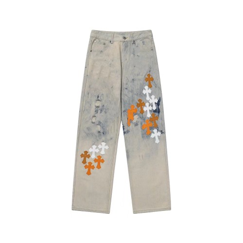Chrome Hearts Washed Tie-dyed Distressed Colored Cross Leather Jeans