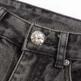 Chrome Hearts Washed Distressed Jeans Black Cross Leather Logo Pants
