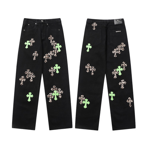 Chrome Hearts Leopard Print Cross Leather Jeans Unisex Casual Street Pants