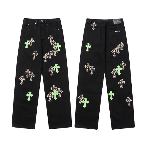 Chrome Hearts Leopard Print Cross Leather Jeans Unisex Casual Street Pants