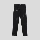 Chrome Hearts Washed Distressed Pants Hand-painted Cross Leather Jeans