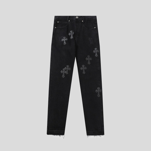 Chrome Hearts Washed Distressed Pants Hand-painted Cross Leather Jeans
