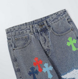 Chrome Hearts Washed Distressed Hand-painted Cross Pants Unisex Straight Leg Pants