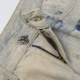 Chrome Hearts Washed Tie-dyed Distressed Colored Cross Leather Jeans