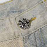 Chrome Hearts Washed Tie-dyed Distressed Colored Cross Leather Jeans