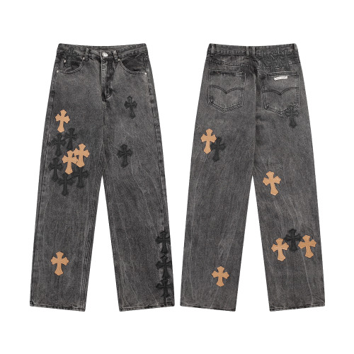 Chrome Hearts Washed Distressed Jeans Black Cross Leather Logo Pants