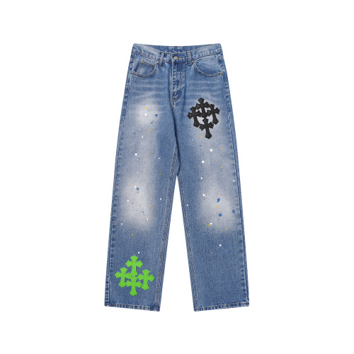 Chrome Hearts Washed Hand Painted Distressed Colored Cross Jeans