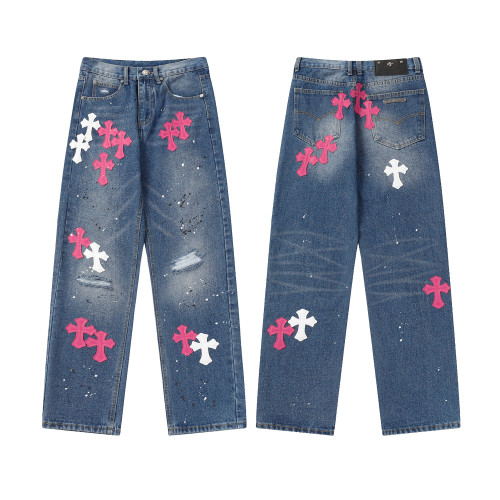 Chrome Hearts Pink White Pasted Hand-painted Jeans Blue Washed Pants