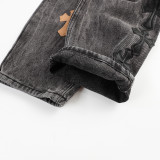 Chrome Hearts Washed Distressed Jeans Black Cross Leather Logo Pants