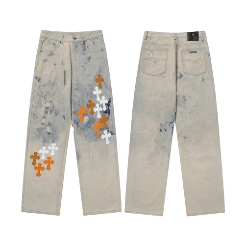 Chrome Hearts Washed Tie-dyed Distressed Colored Cross Leather Jeans