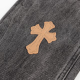 Chrome Hearts Washed Distressed Jeans Black Cross Leather Logo Pants