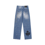 Chrome Hearts Washed Hand Painted Distressed Colored Cross Jeans