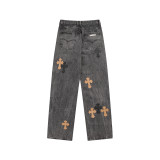 Chrome Hearts Washed Distressed Jeans Black Cross Leather Logo Pants