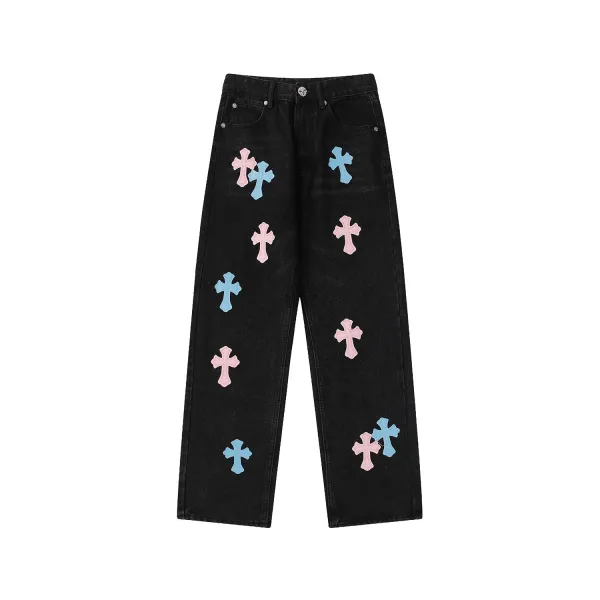 Chrome Hearts Colored Leather Pants Unisex Black Washed Jeans