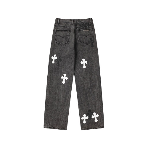 Chrome Hearts Black Washed Distressed Jeans Fashion Stright Leg Pants