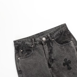 Chrome Hearts Washed Distressed Jeans Black Cross Leather Logo Pants