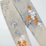 Chrome Hearts Washed Tie-dyed Distressed Colored Cross Leather Jeans