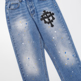 Chrome Hearts Washed Hand Painted Distressed Colored Cross Jeans