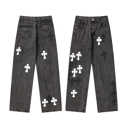 Chrome Hearts Black Washed Distressed Jeans Fashion Stright Leg Pants