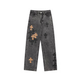Chrome Hearts Washed Distressed Jeans Black Cross Leather Logo Pants