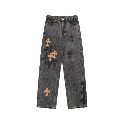 Chrome Hearts Washed Distressed Jeans Black Cross Leather Logo Pants
