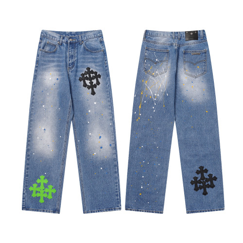 Chrome Hearts Washed Hand Painted Distressed Colored Cross Jeans