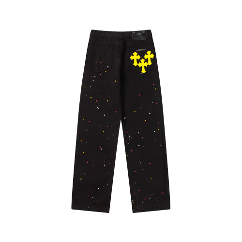 Chrome Hearts Hand-painted Distressed Cross Leather jeans Fashion Casual Pants