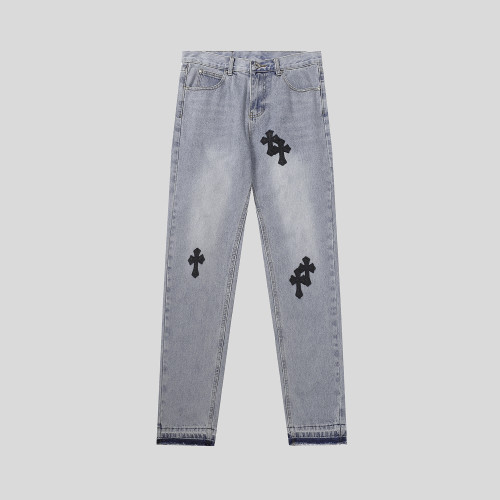 Chrome Hearts Unisex Washed Distressed Cross Leather Jeans