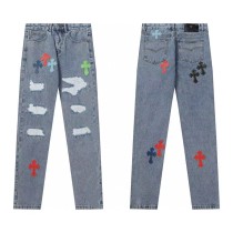Chrome Hearts Washed Distressed Hand-painted Cross Pants Unisex Straight Leg Pants