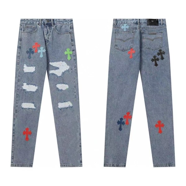Chrome Hearts Washed Distressed Hand-painted Cross Pants Unisex Straight Leg Pants