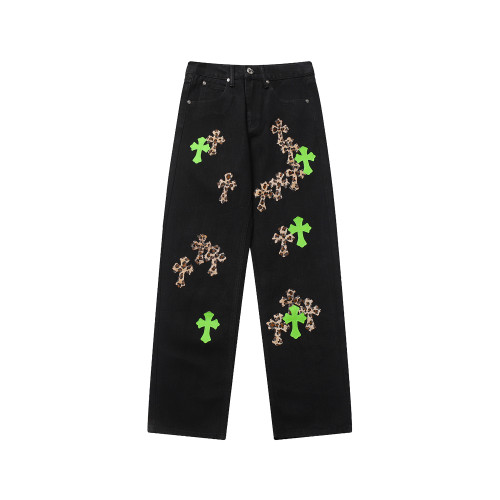 Chrome Hearts Leopard Print Cross Leather Jeans Unisex Casual Street Pants